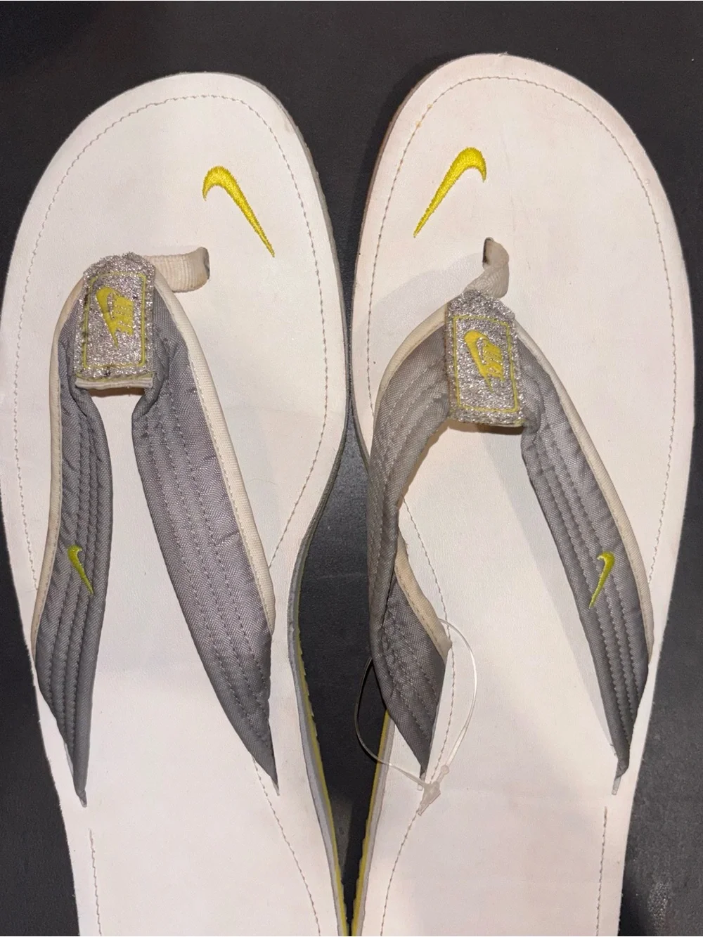 Nike Women’s White & Gray Thong Sandals with Yellow Swoosh